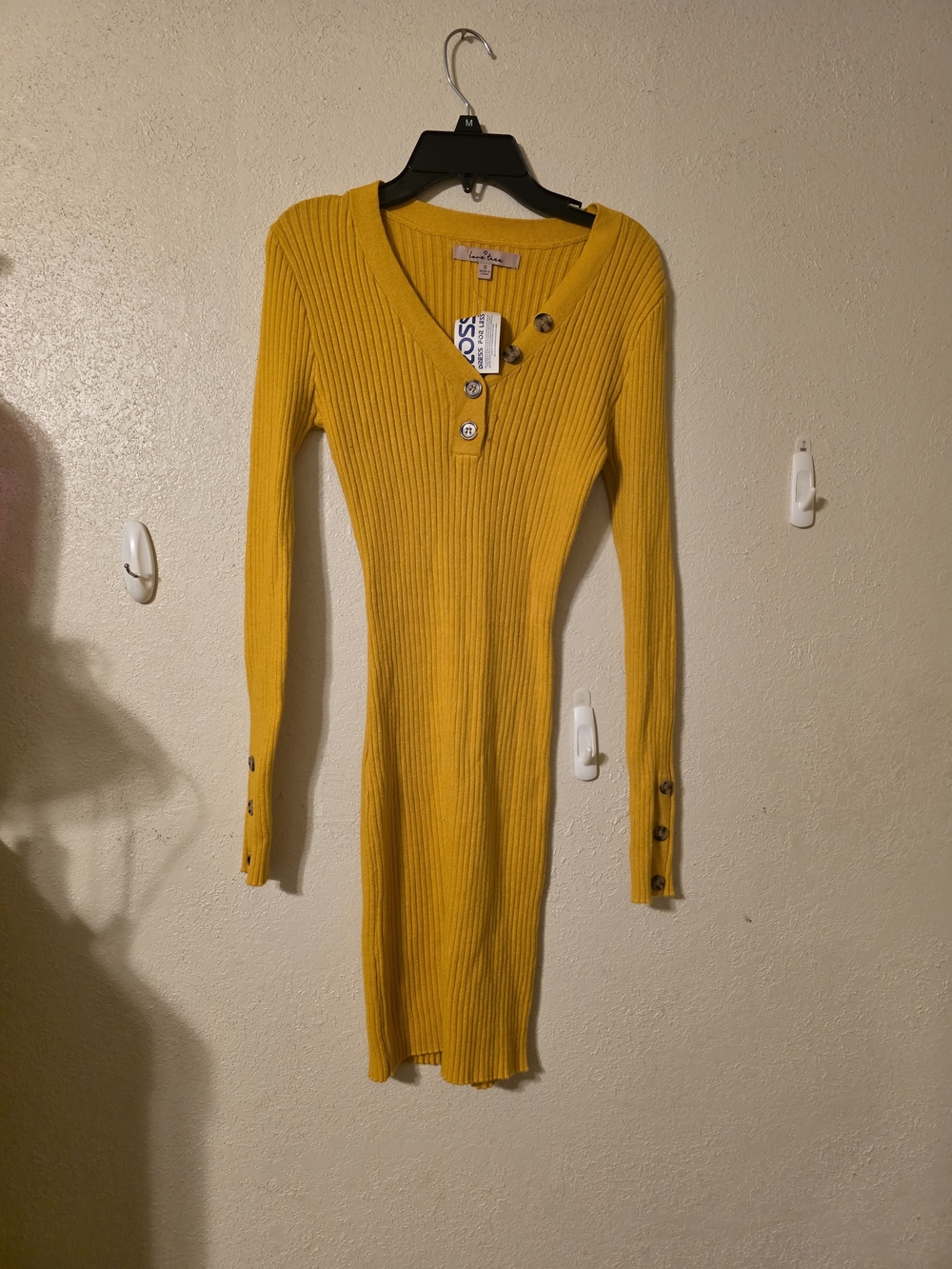 Love Tree Mustard Ribbed V-Neck Button-Accent Long Sleeve Dress